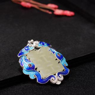 金鹿王 s925银素银景泰蓝项坠批发 女款民族风和田玉喜字胸针吊坠